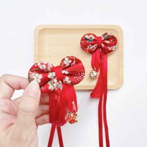Girl Hair Clip Bow Round Ribbon CNY Pair (GHP6391)